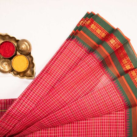Red with Green and Orange Border | Casual Sarees | For Office Wear | Without Blouse