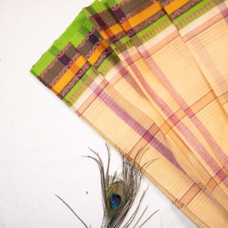 Cream with Multicoloured Border | Khadi Cotton Saree | Without Blouse