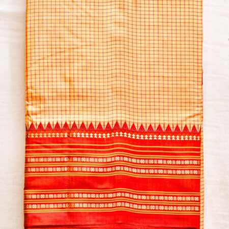 Narayanpet Handloom Pure Silk Saree – Mustard Yellow with Red Temple Border & Pink Pallu