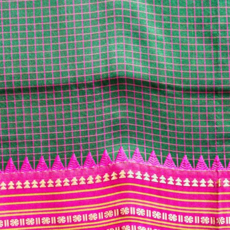 Narayanpet Handloom Pure Silk Saree – Green Pink Checks with Temple Zari Border
