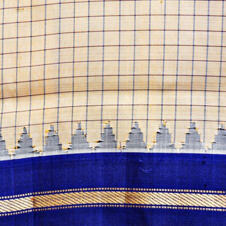 Narayanpet Handloom Pure Silk Saree – Ivory Checks with Blue Temple Zari Border