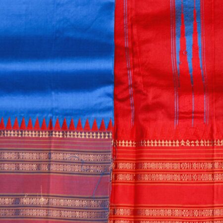 Dark Blue and Red Pure Silk Saree with Traditional Golden Zari Border