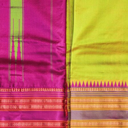 Dark Pink and Light Green Pure Silk Saree with Beautiful Purple Zari Border