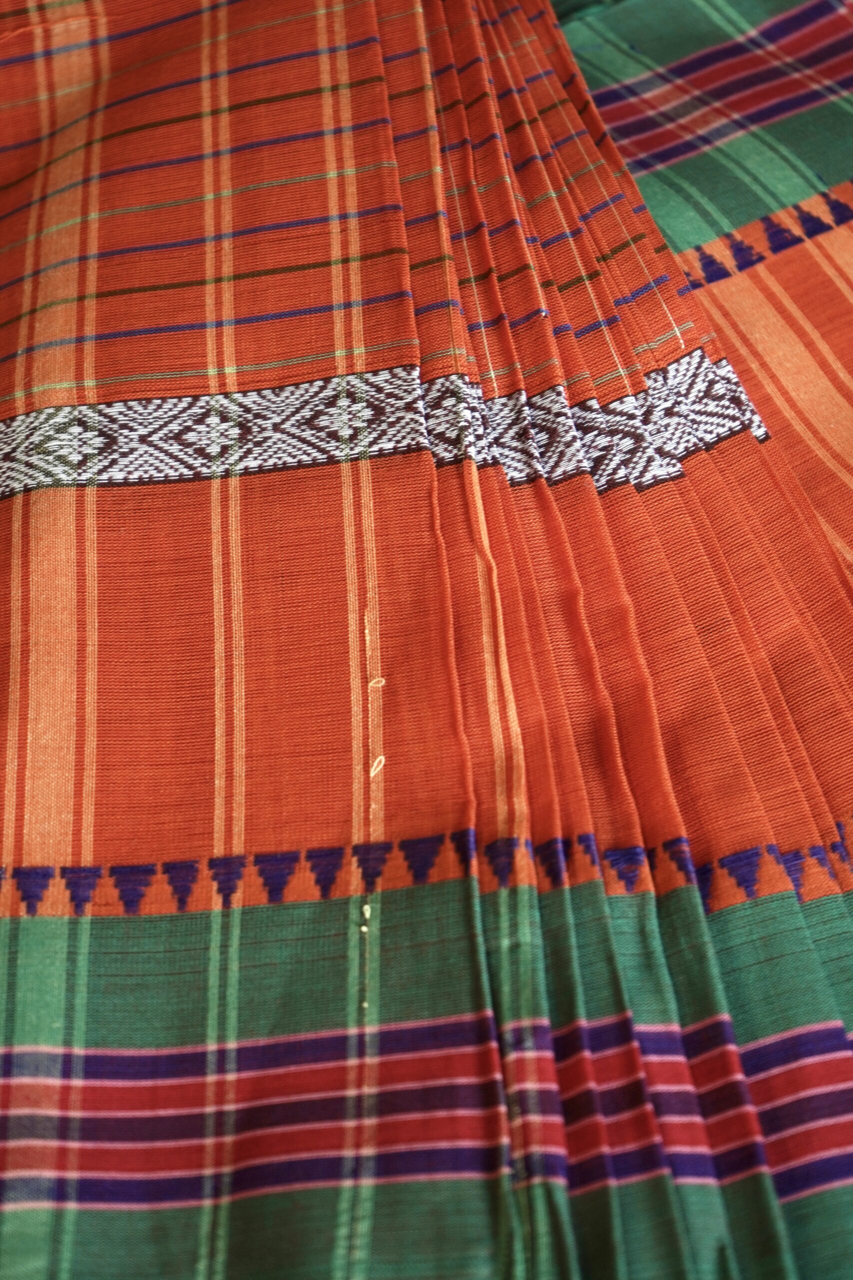 Orange & Green Checked | Zari Handloom Cotton Saree - Image 6