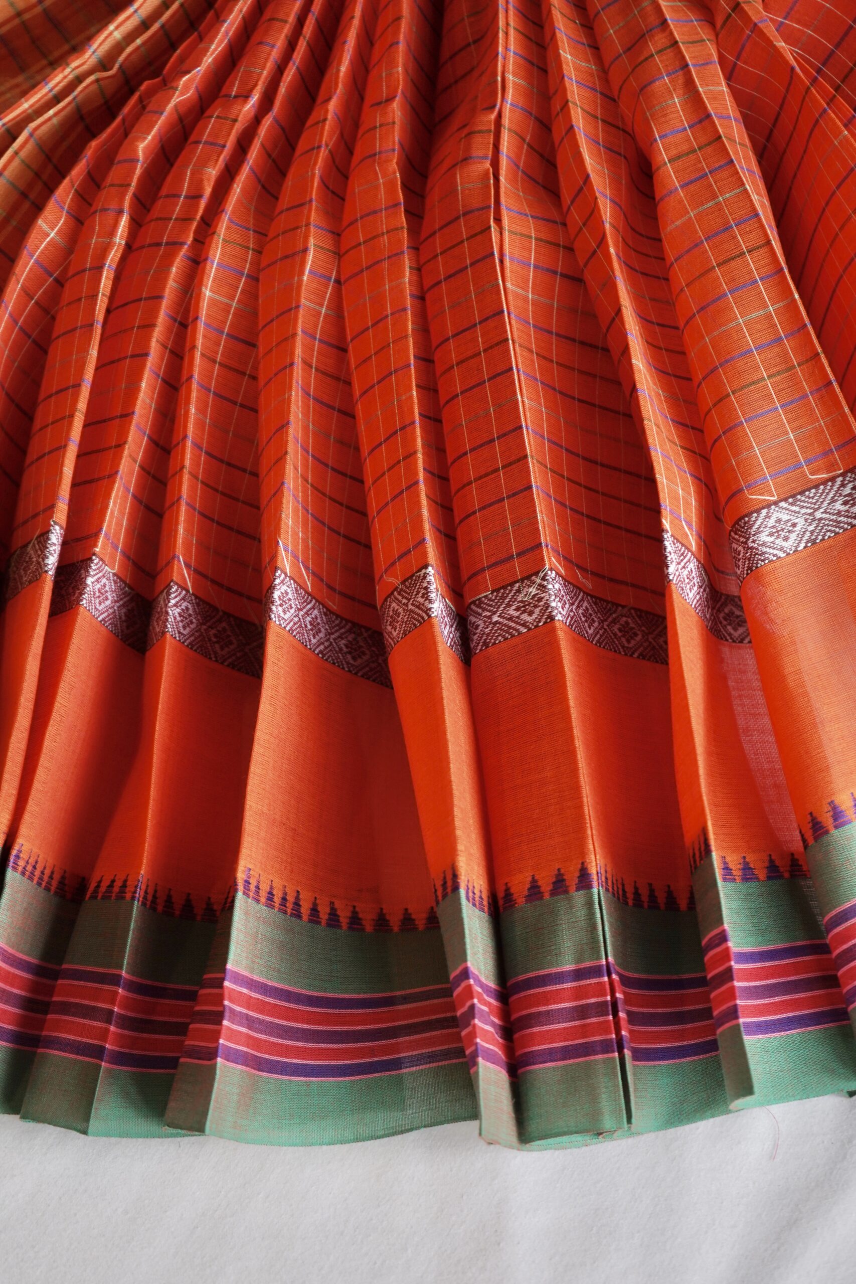 Orange & Green Checked | Zari Handloom Cotton Saree - Image 3