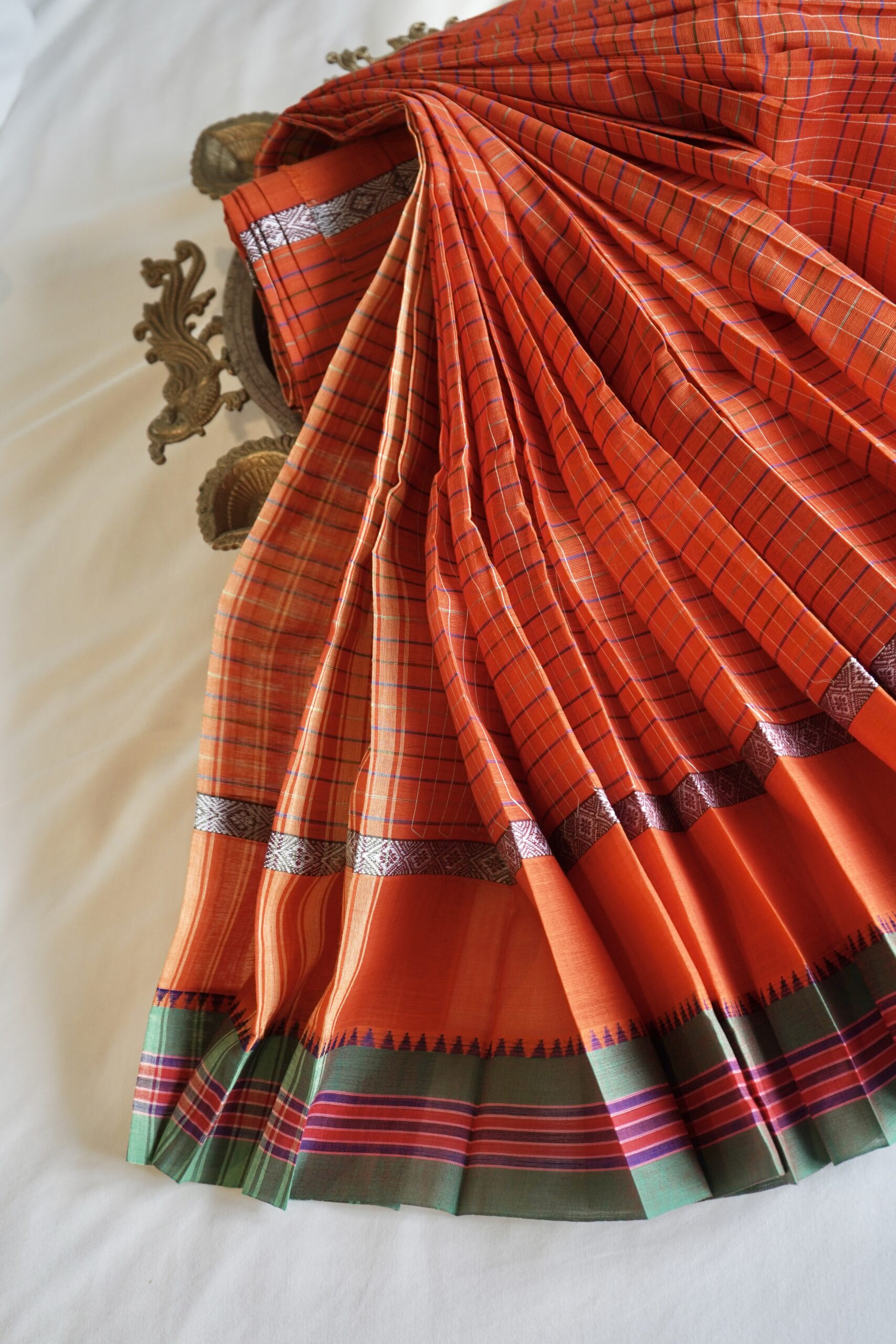 Orange & Green Checked | Zari Handloom Cotton Saree - Image 5