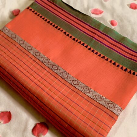 Traditional Orange & Green Handloom Cotton Saree