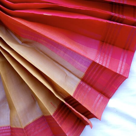 Sandal Beige & Hot Pink | Handwoven Mulmul Cotton Saree with Temple Border