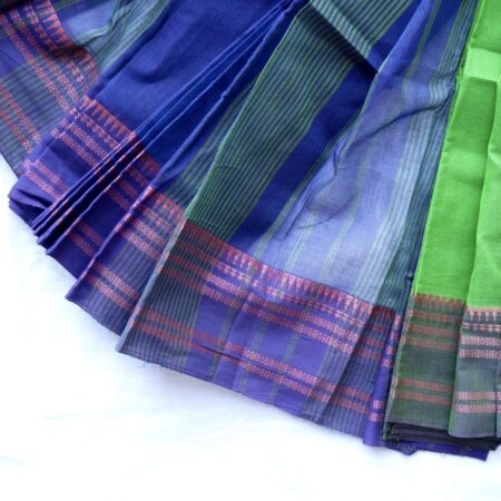 Green & Royal Blue | Narayanpet Cotton Saree with Purple Border & Contrast Pink Motifs