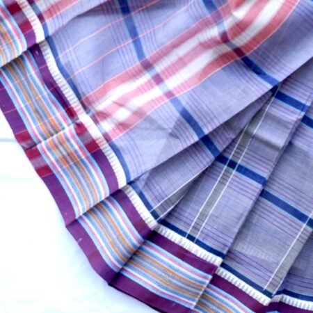 Lavender Grey | Narayanpet Cotton Saree with Navy Checks & Plum Border