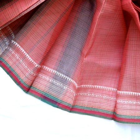 Coral Red & Dual-Tone Border | Checked Casual Cotton Saree