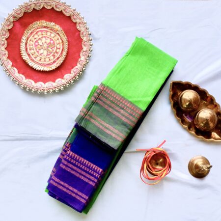 Traditional Green & Navy Blue | Handloom Cotton Saree