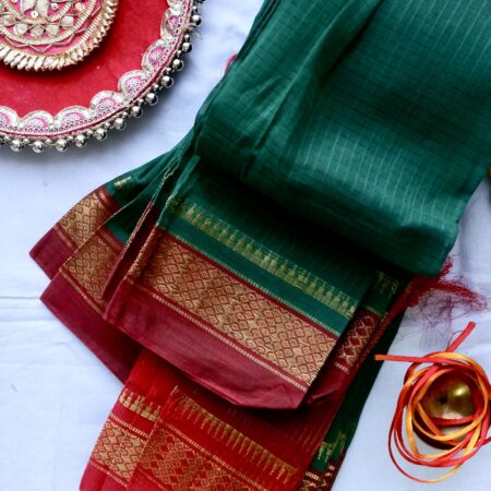 Green, Red & Gold Zari Border | Traditional Handloom Cotton Saree
