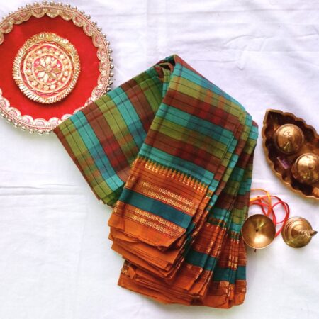 Green, Blue & Red Checked | Traditional Zari Handloom Cotton Saree