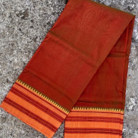Narayanpet Handloom Saree – Burnt Orange Body with Deep Maroon Pallu & Traditional Temple Zari Border