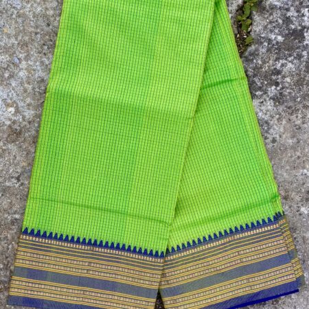 Narayanpet Handloom Saree – Royal Blue Body with Parrot Green Checked Pallu & Gold Zari Border