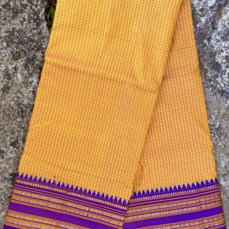 Narayanpet Handloom Saree – Deep Royal Blue Body with Mustard Checked Pallu & Traditional Zari Border