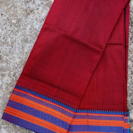 Narayanpet Handloom Saree – Brick Red Checked Body with Peacock Blue Pallu & Contrast Temple Zari Border
