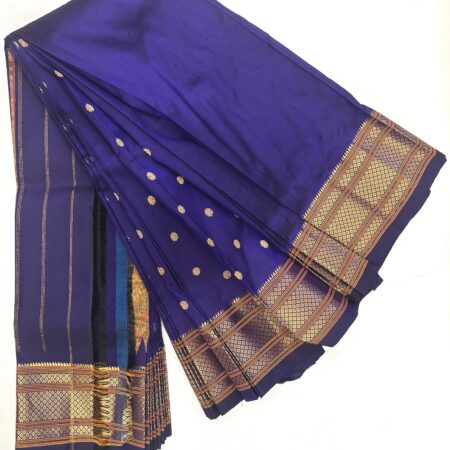Narayanpet Silk Saree – Royal Blue Body with Gold Zari Buttas & Grand Golden Peacock Pallu