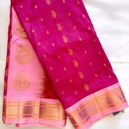 Narayanpet Silk Saree – Deep Pink Body with Baby Pink Border & Grand Gold Pallu with Peacock Motifs