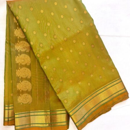 Narayanpet Silk Saree – Olive Green Body with Gold Zari Buttas & Rich Golden Peacock Pallu