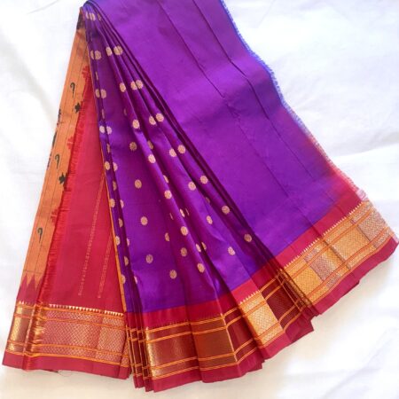 Narayanpet Silk Saree – Royal Purple Body with Magenta Border & Grand Gold Zari Peacock Pallu