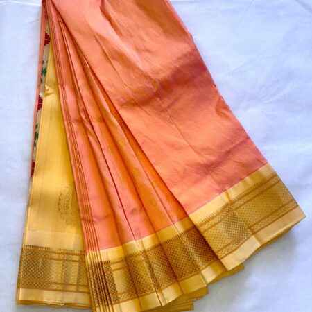 Narayanpet Silk Saree – Dual Tone Orange & Pink Body with Yellow Zari Border and Rich Silver Zari Pallu