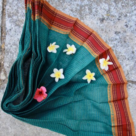 Narayanpet Cotton Saree – Teal Green Body with Contrast Rust Red & Mustard Traditional Borders
