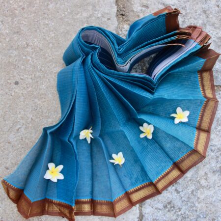 Narayanpet Cotton Saree – Deep Ocean Blue Body with Brown & Gold Traditional Temple Border