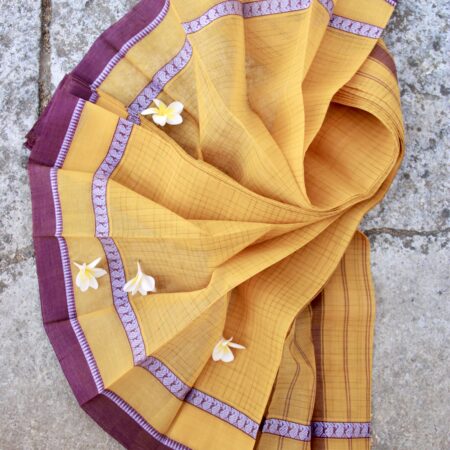 Narayanpet Cotton Saree – Mustard Yellow Body with Purple Traditional Border & Elegant Checks Weave