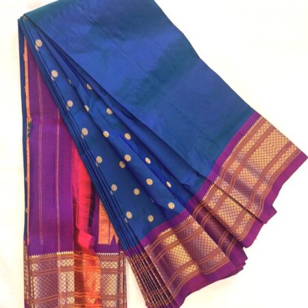 Narayanpet Silk Saree – Royal Blue Body with Purple Border & Grand Gold Zari Peacock Pallu
