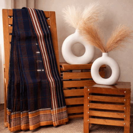 Smoked Plum Checks | Handloom Mulmul Cotton Saree with Indigo Border