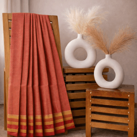 Rust Red Texture | Handloom Mulmul Cotton Saree with Gold Border