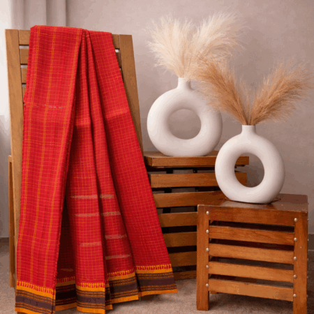 Burnt Orange Checks | Handloom Mulmul Cotton Saree with Mustard Border