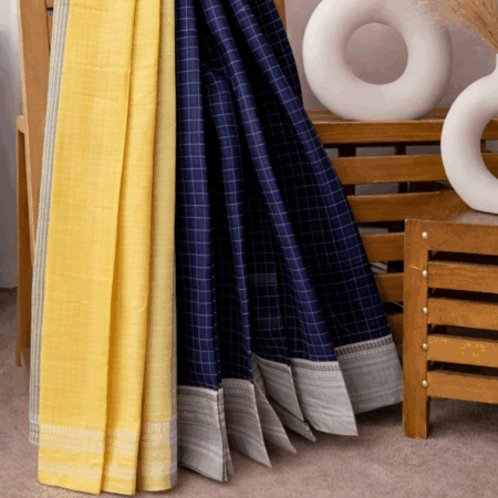 Midnight Blue Checks | Handloom Mulmul Cotton Saree with Soft Grey Border