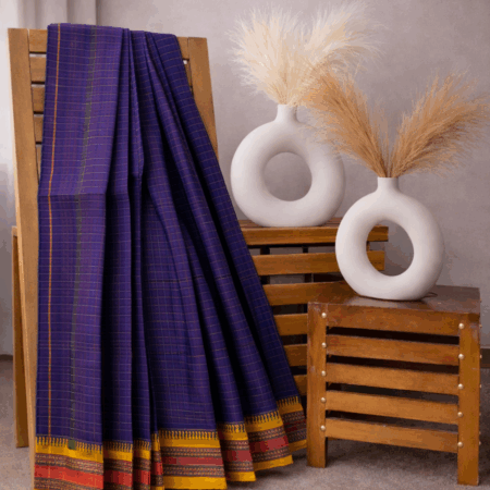 Royal Purple Checks | Handloom Mulmul Cotton Saree with Mustard–Maroon Border