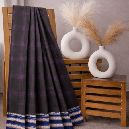 Charcoal Plum Checks | Handloom Mulmul Cotton Saree with Indigo Border