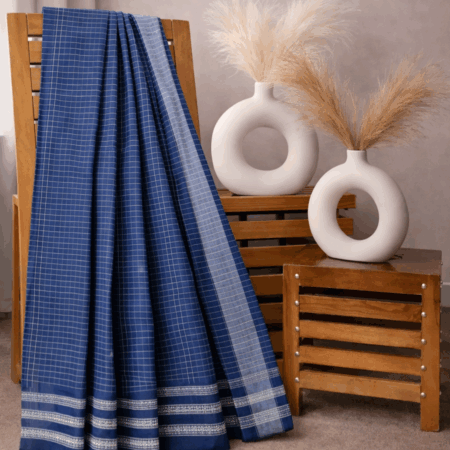 Indigo Blue Checks | Handloom Mulmul Cotton Saree with Soft Grey Border