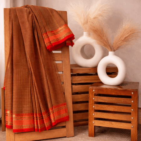 Rust Red Texture | Handloom Mulmul Cotton Saree with Gold Border