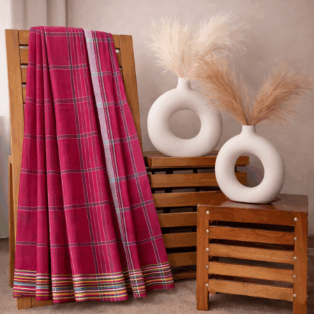 Deep Maroon Checks | Handloom Mulmul Cotton Saree with Multicolour Border