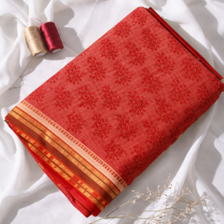 Brick Red & Gold Floral Printed Narayanpet Handloom Cotton Saree