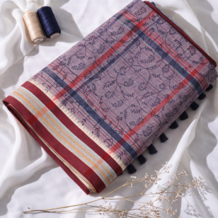 Smoky Lavender & Maroon Checked Printed Narayanpet Handloom Cotton Saree