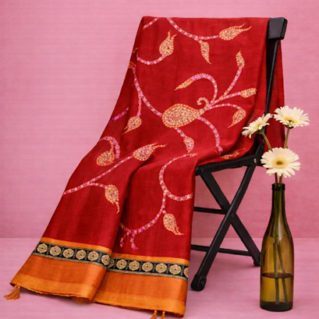 Deep Crimson & Black Printed Narayanpet Handloom Cotton Saree