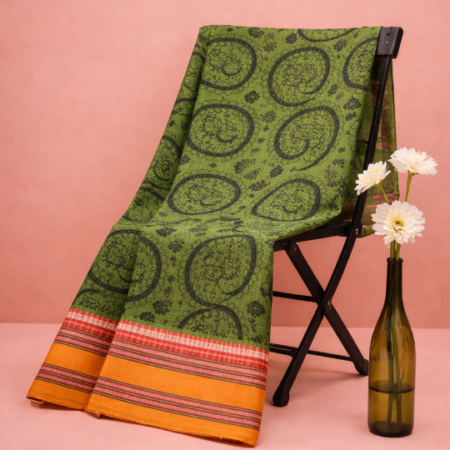 Meadow Green & Mustard Printed Narayanpet Handloom Cotton Saree