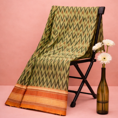 Olive Green & Rust Printed Narayanpet Handloom Cotton Saree