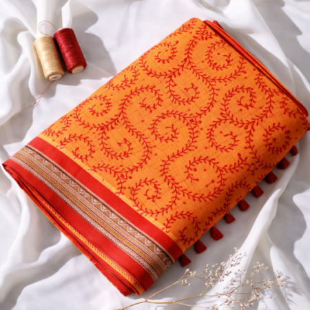 Marigold Orange & Vermilion Paisley Printed Narayanpet Handloom Cotton Saree