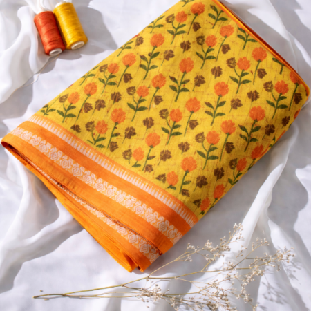 Lemon Yellow & Orange Floral Printed Narayanpet Handloom Cotton Saree