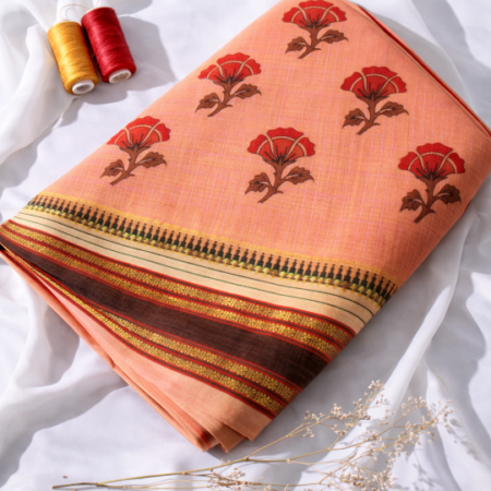 Peach Blush & Maroon Floral Printed Narayanpet Handloom Cotton Saree