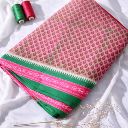 Blush Pink & Parrot Green Floral Printed Narayanpet Handloom Cotton Saree