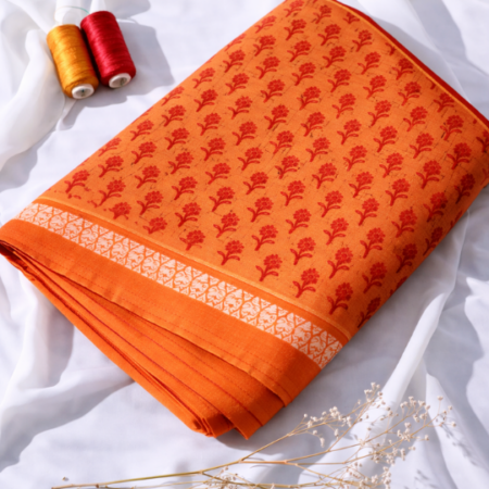 Sunset Orange & Crimson Floral Printed Narayanpet Handloom Cotton Saree